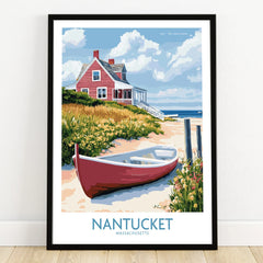 Nantucket Massachusetts travel poster with red beach house, boat, and coastal scenery for wall art decor