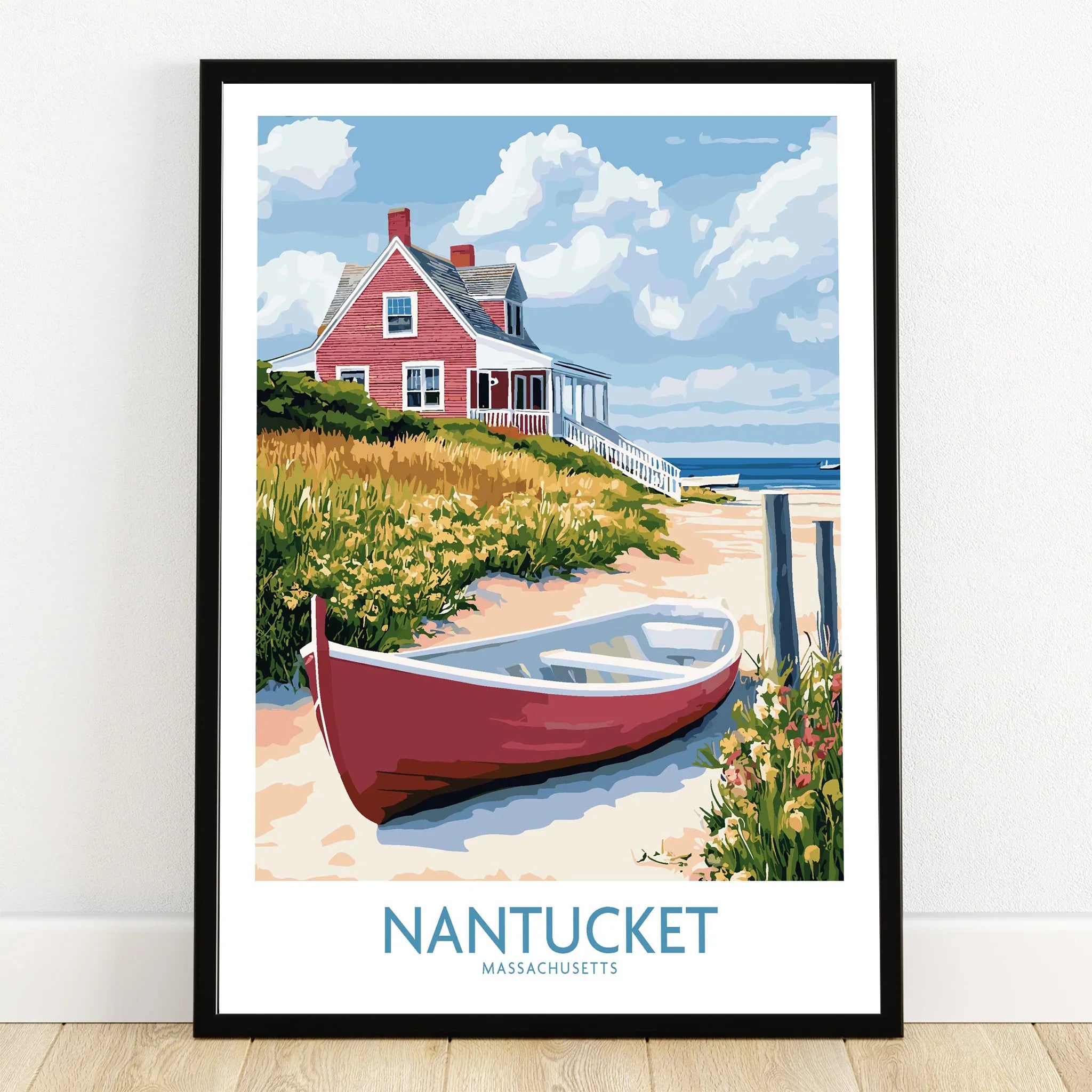 Nantucket Massachusetts travel poster with red beach house, boat, and coastal scenery for wall art decor