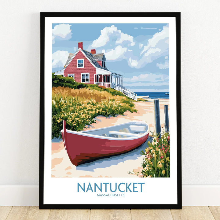 Nantucket Massachusetts travel poster with red beach house, boat, and coastal scenery for wall art decor