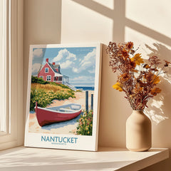 Nantucket Massachusetts travel poster with red cottage, boat, and coastal scenery, perfect for home wall art decor