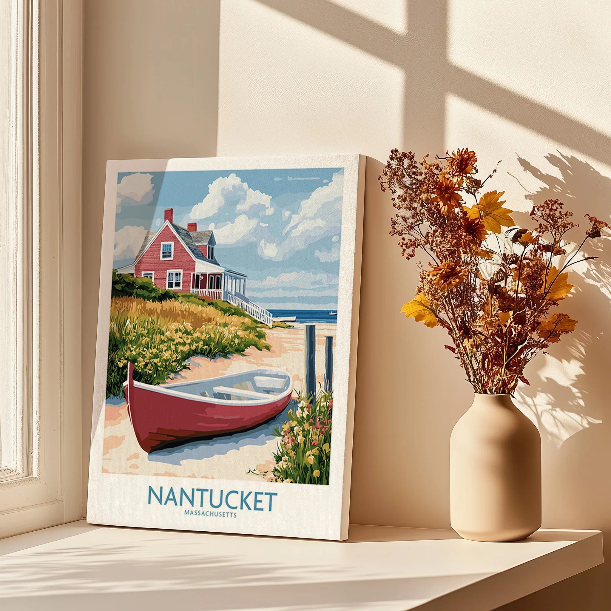 Nantucket Massachusetts travel poster with red cottage, boat, and coastal scenery, perfect for home wall art decor
