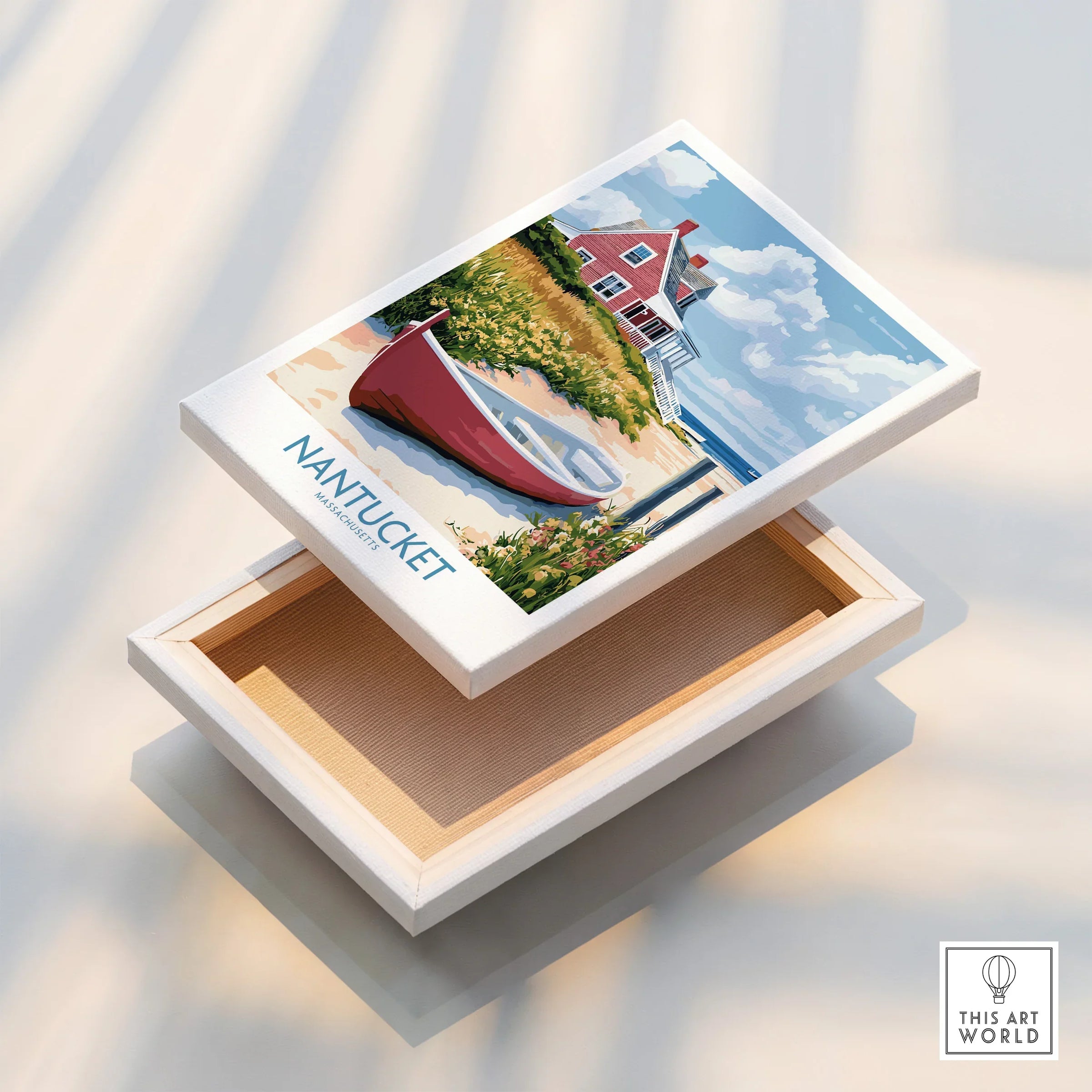 Nantucket travel poster canvas art with red boat and coastal house, ideal for home decor wall art