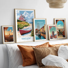 Framed travel posters of Paris, Nantucket, Copenhagen, Tokyo, Barcelona for home wall art decor