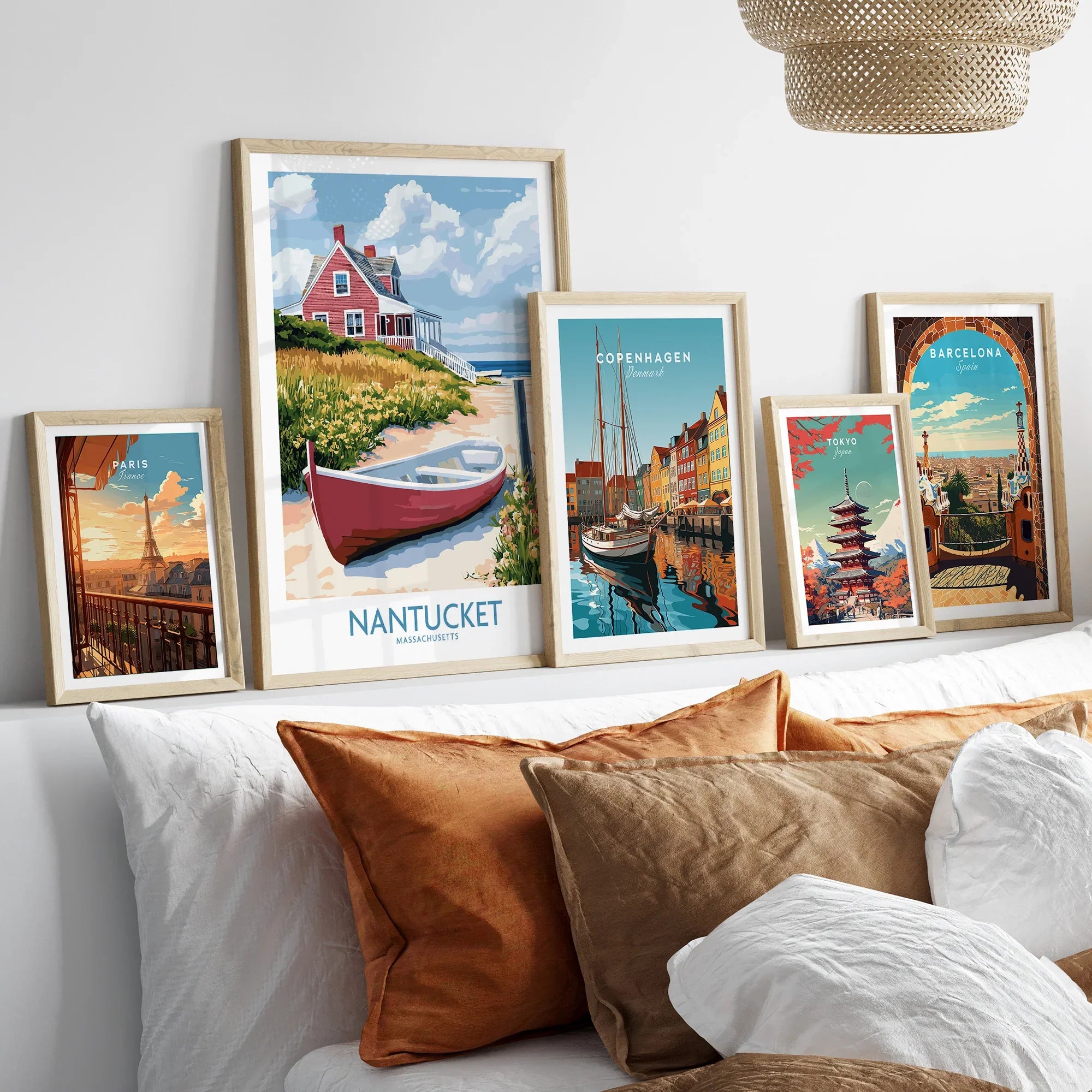 Framed travel posters of Paris, Nantucket, Copenhagen, Tokyo, Barcelona for home wall art decor
