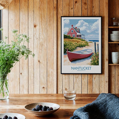 Nantucket travel poster with red cottage, boat, and beach, perfect for coastal home decor wall art