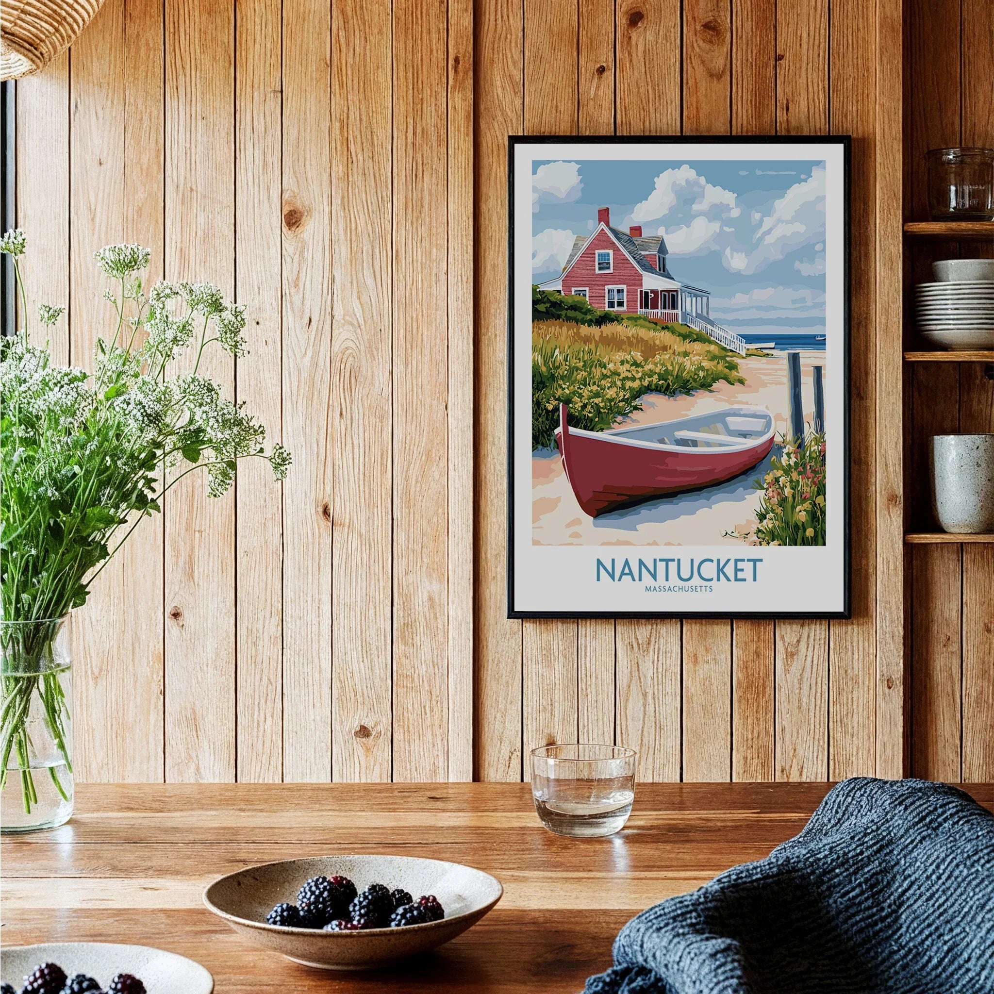 Nantucket travel poster with red cottage, boat, and beach, perfect for coastal home decor wall art