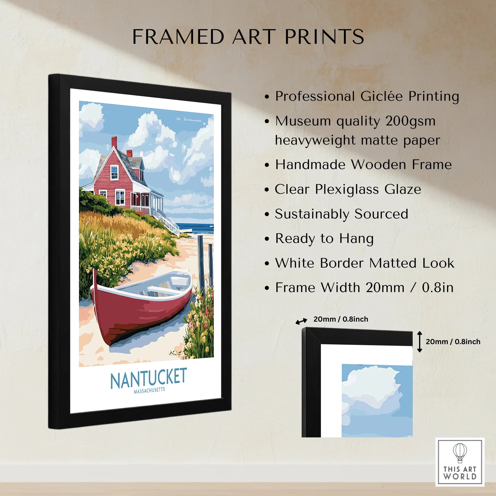 Framed Nantucket travel poster with red cottage, boat, and coastal scenery for home wall art decor