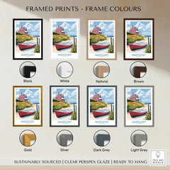 Nantucket travel poster in 8 frame colors: black, white, natural, brown, gold, silver, dark grey, light grey