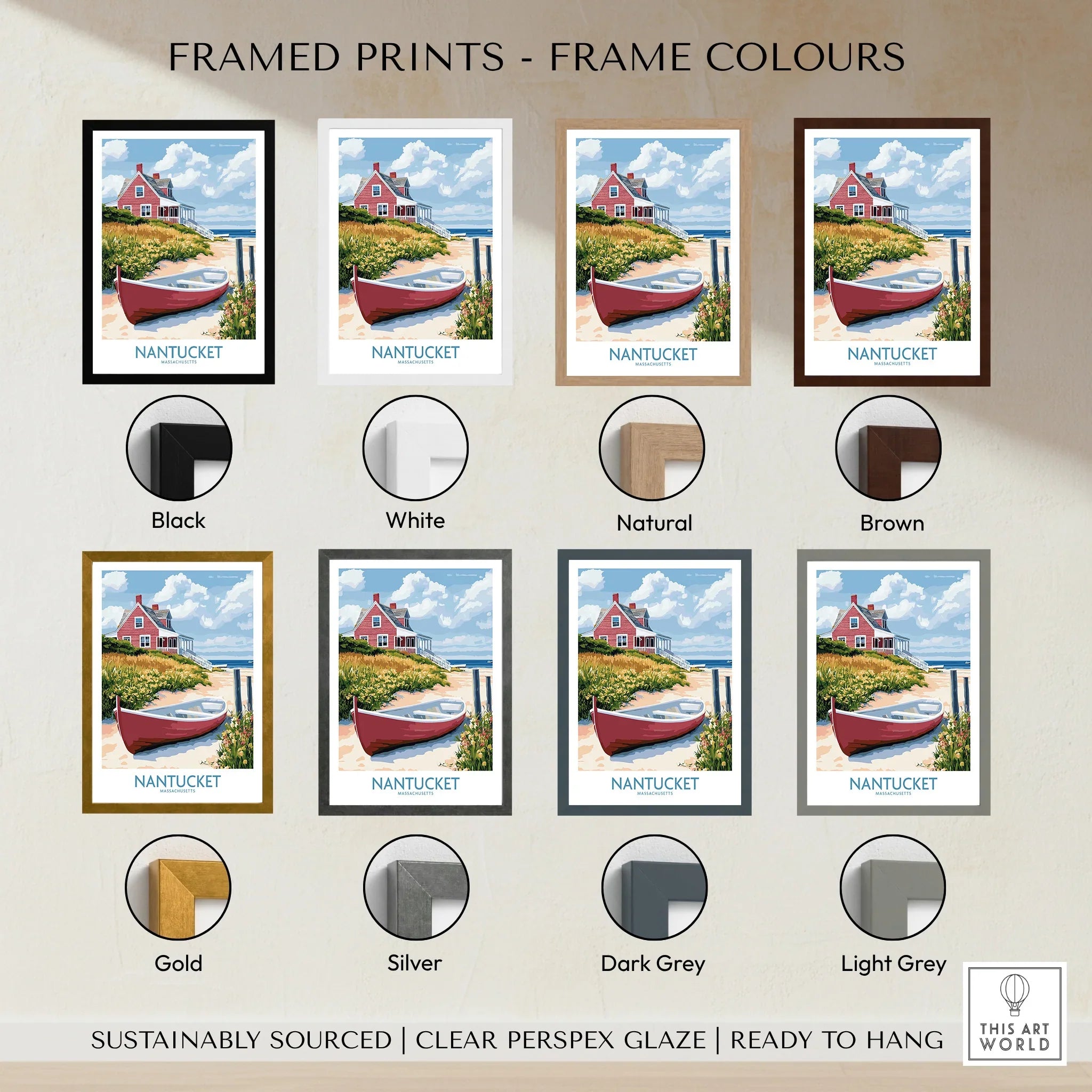 Nantucket travel poster in 8 frame colors: black, white, natural, brown, gold, silver, dark grey, light grey