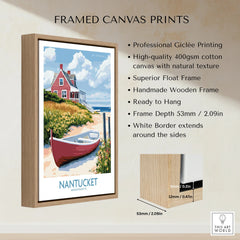 Nantucket travel poster print with red cottage, boat, and beach, framed canvas wall art for home decor