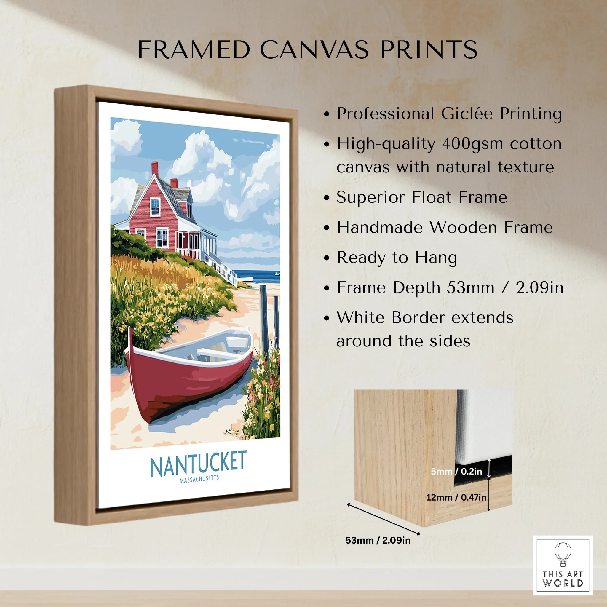 Nantucket travel poster print with red cottage, boat, and beach, framed canvas wall art for home decor