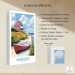 Nantucket Massachusetts travel poster canvas print with red cottage, boat, and beach scene for home decor