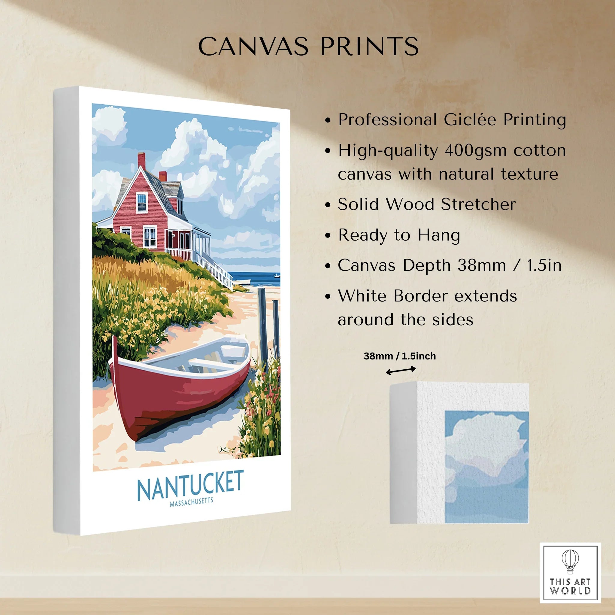 Nantucket Massachusetts travel poster canvas print with red cottage, boat, and beach scene for home decor