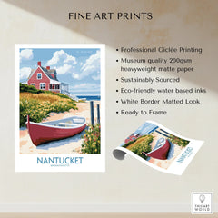 Nantucket travel poster with red cottage, beach boat, and coastal scenery — fine art print ready to frame