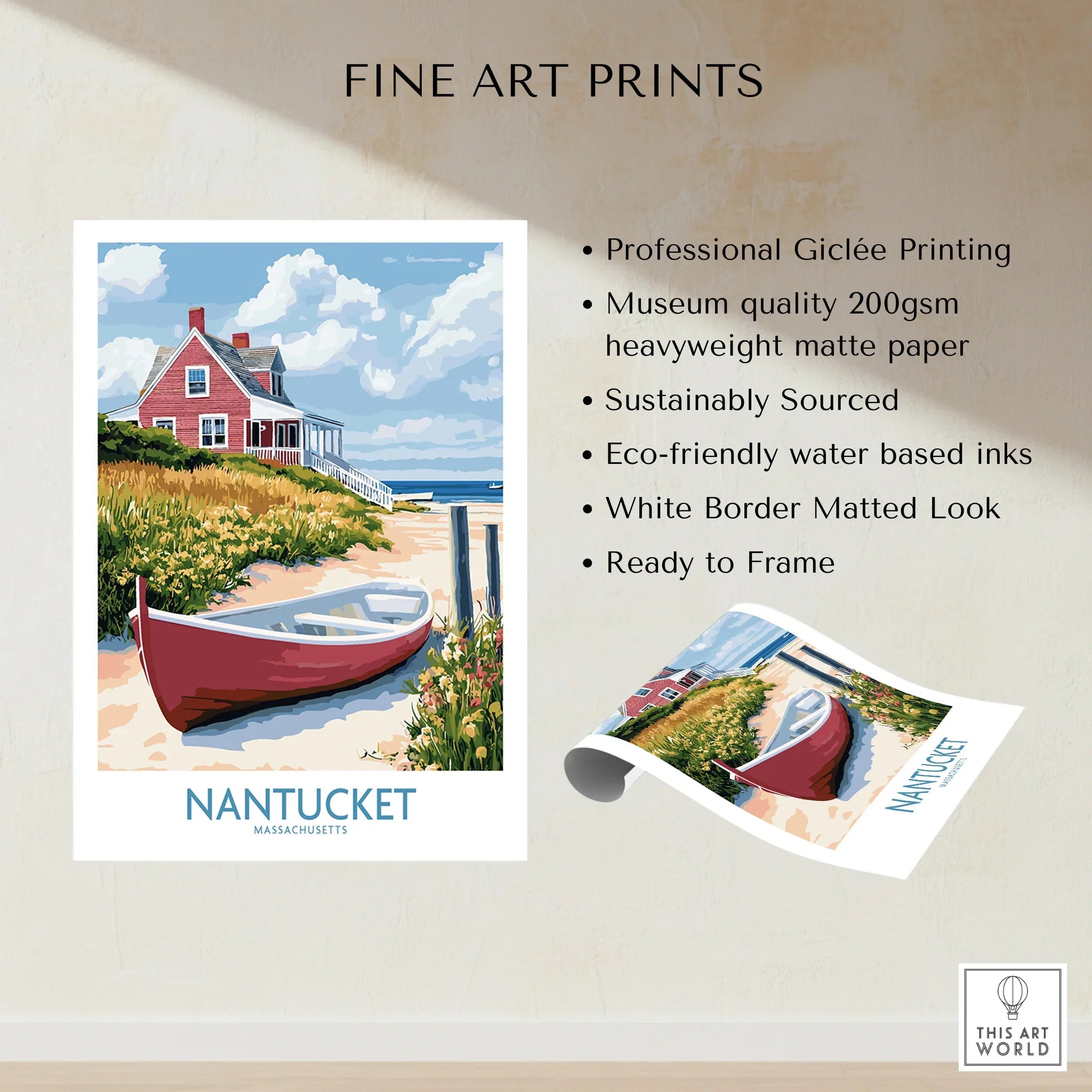 Nantucket travel poster with red cottage, beach boat, and coastal scenery — fine art print ready to frame