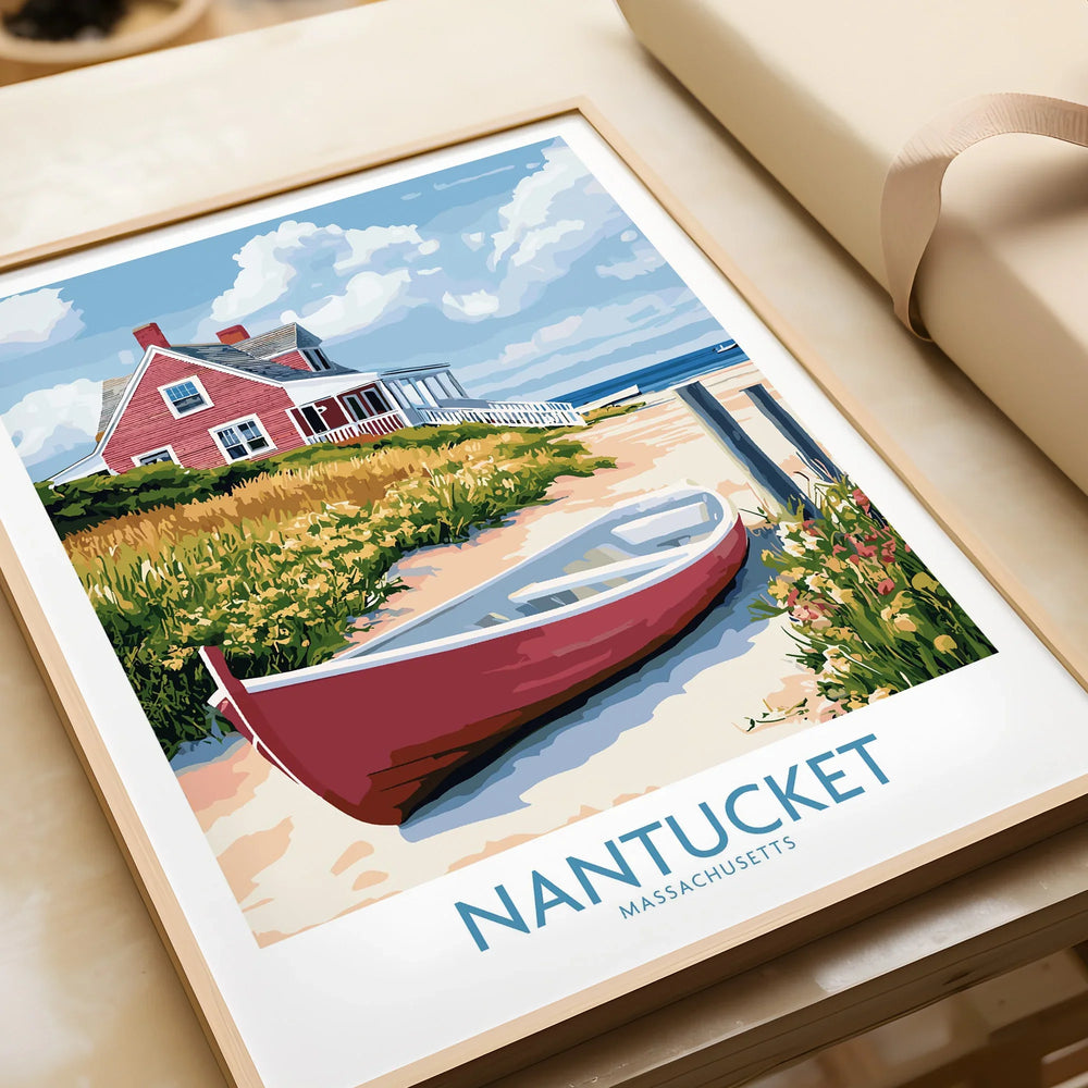 Nantucket Massachusetts travel poster with red boat, coastal house, and beach scenery for wall art decor