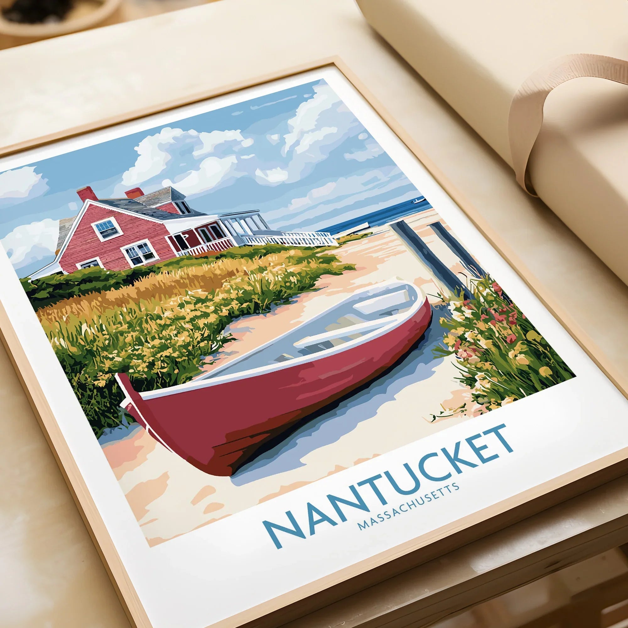 Nantucket Massachusetts travel poster with red boat, coastal house, and beach scenery for wall art decor