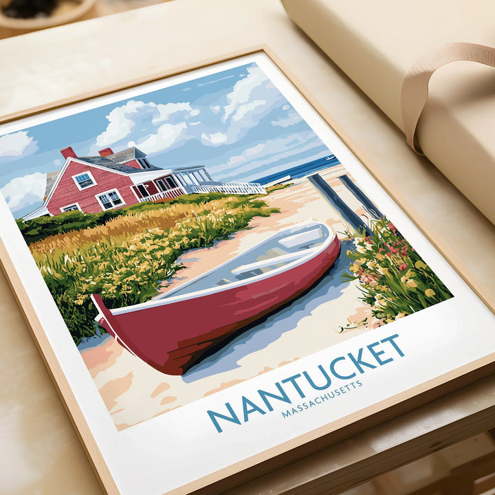 Nantucket Massachusetts travel poster with red boat, coastal house, and beach scenery for wall art decor