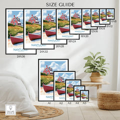 Nantucket travel poster size guide with coastal house & red boat art for home decor