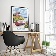 Nantucket Massachusetts travel poster with red cottage, beach, and boat, framed wall art for home decor