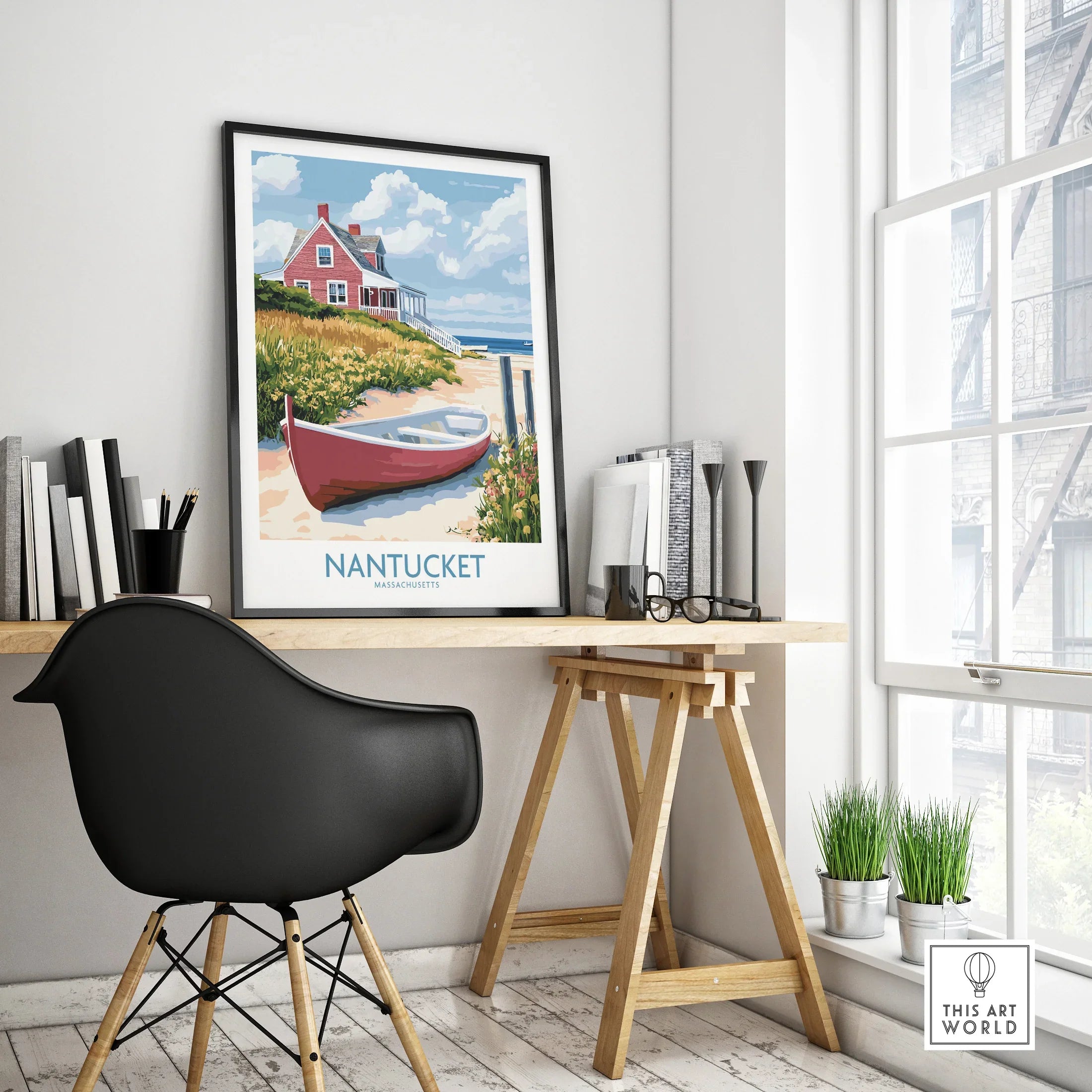 Nantucket Massachusetts travel poster with red cottage, beach, and boat, framed wall art for home decor
