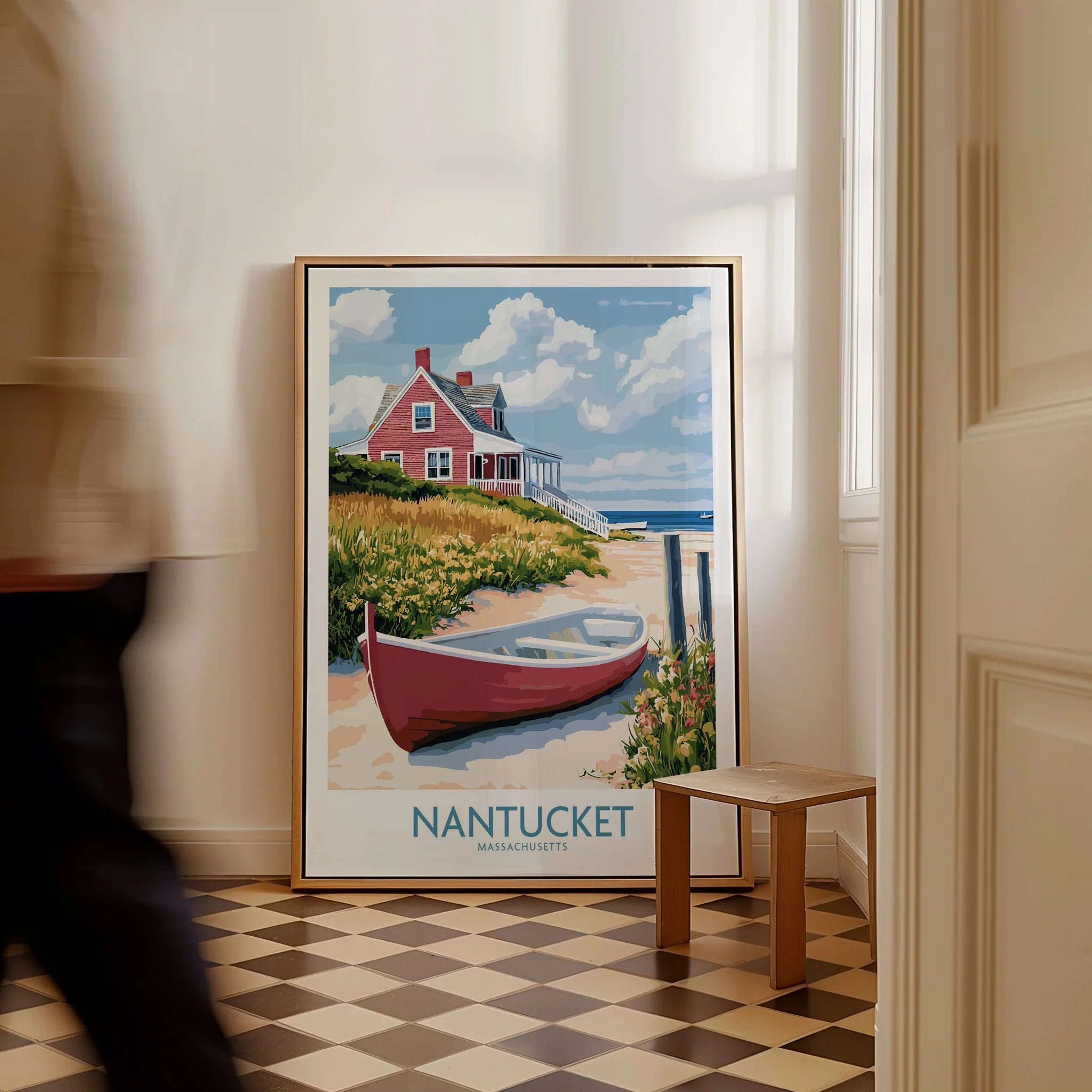 Nantucket Massachusetts travel poster with red cottage, boat, and coastal scenery for home wall art decor