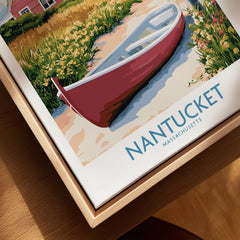 Nantucket Massachusetts travel poster print with red boat, coastal scenery, and vibrant flowers for wall art decor