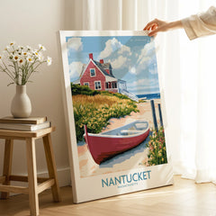 Nantucket Massachusetts travel poster print with red cottage, boat, and coastal scenery for home wall art