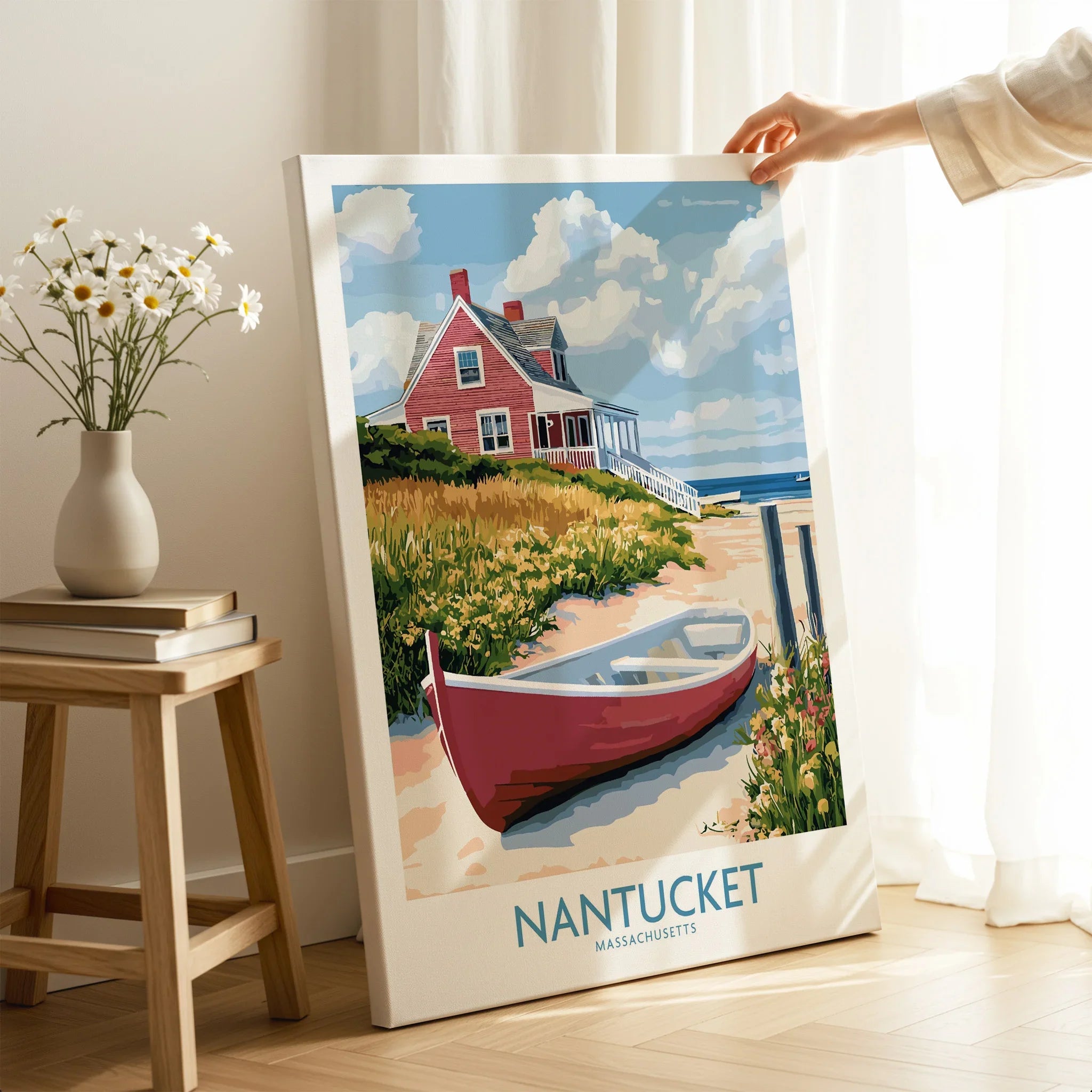 Nantucket Massachusetts travel poster print with red cottage, boat, and coastal scenery for home wall art