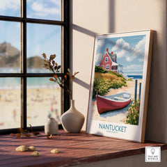 Nantucket Massachusetts travel poster with red cottage, boat, and beach, perfect for coastal wall art decor