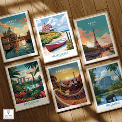Framed travel posters of Venice, Paris, Nantucket, Singapore, Barcelona, and Sri Lanka for wall art decor