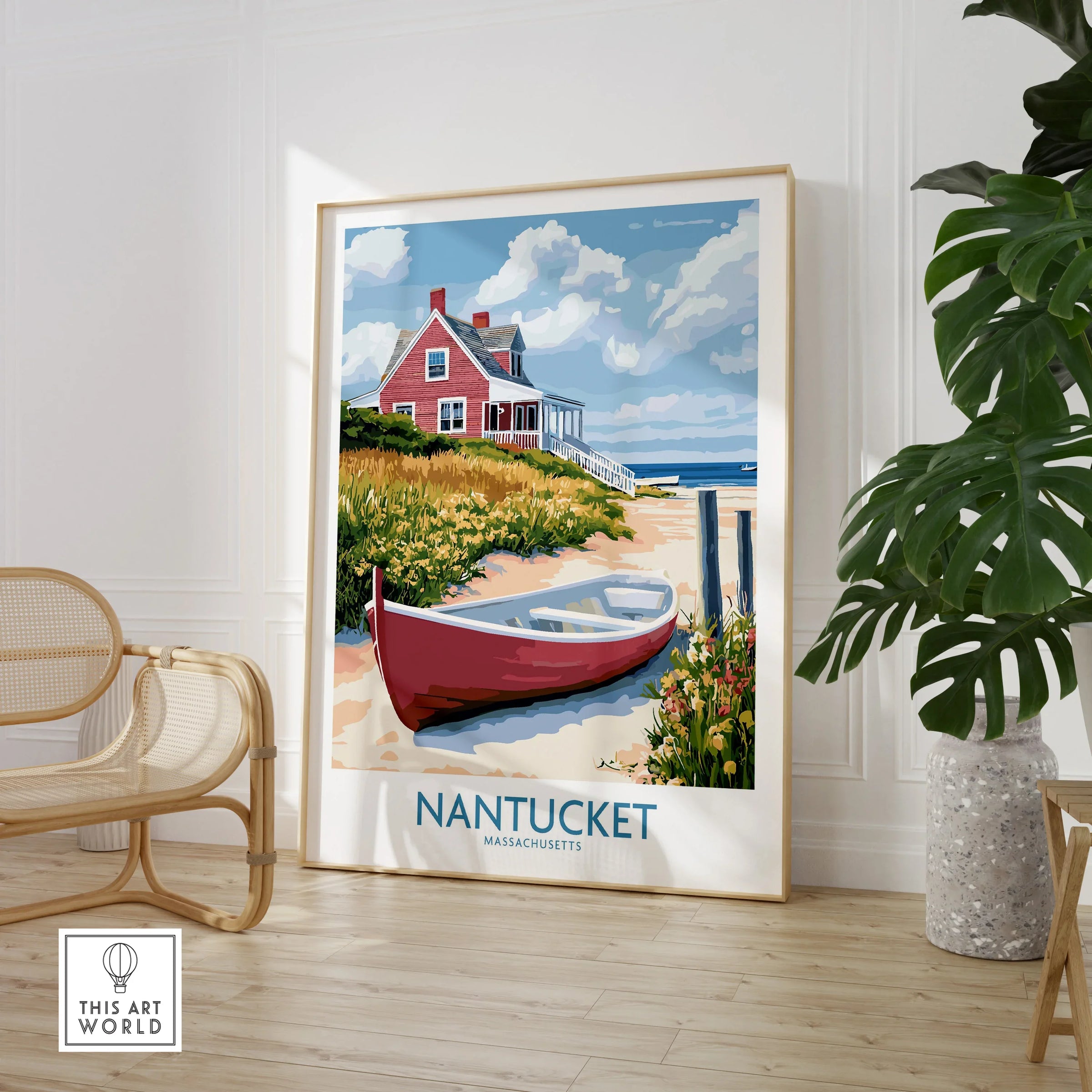 Nantucket Massachusetts travel poster with red cottage, boat, and beach, ideal wall art for home decor