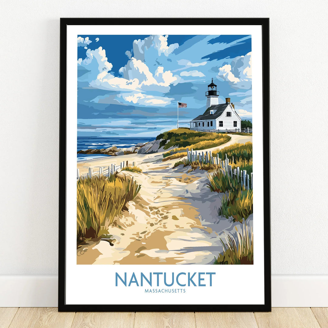 Nantucket Massachusetts travel poster with lighthouse, sandy path, and ocean view, perfect wall art decor