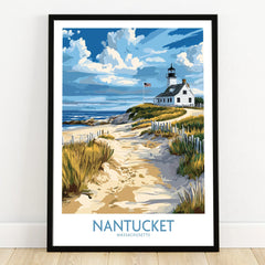 Nantucket Massachusetts travel poster with lighthouse, sandy path, and ocean view, perfect wall art decor