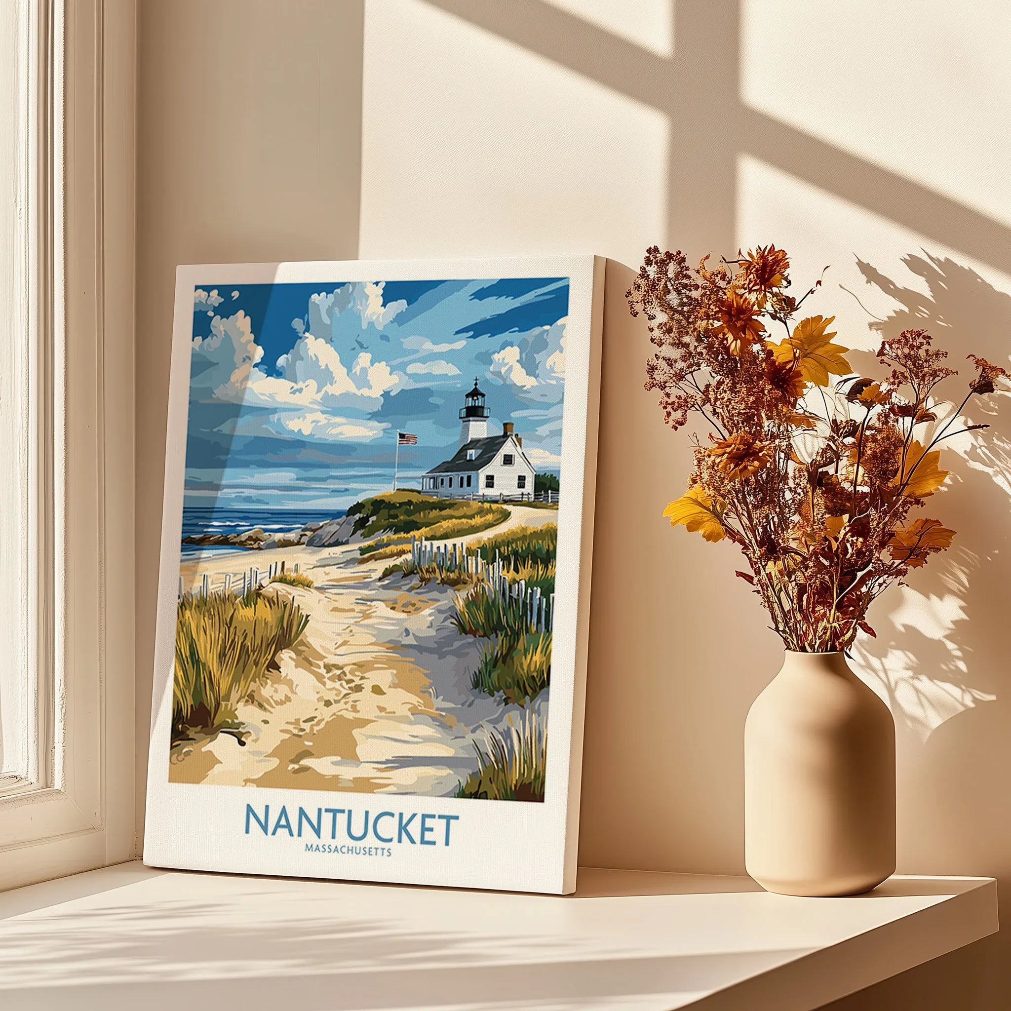 Nantucket Massachusetts travel poster with lighthouse, beach path, and coastal scenery for home wall art decor