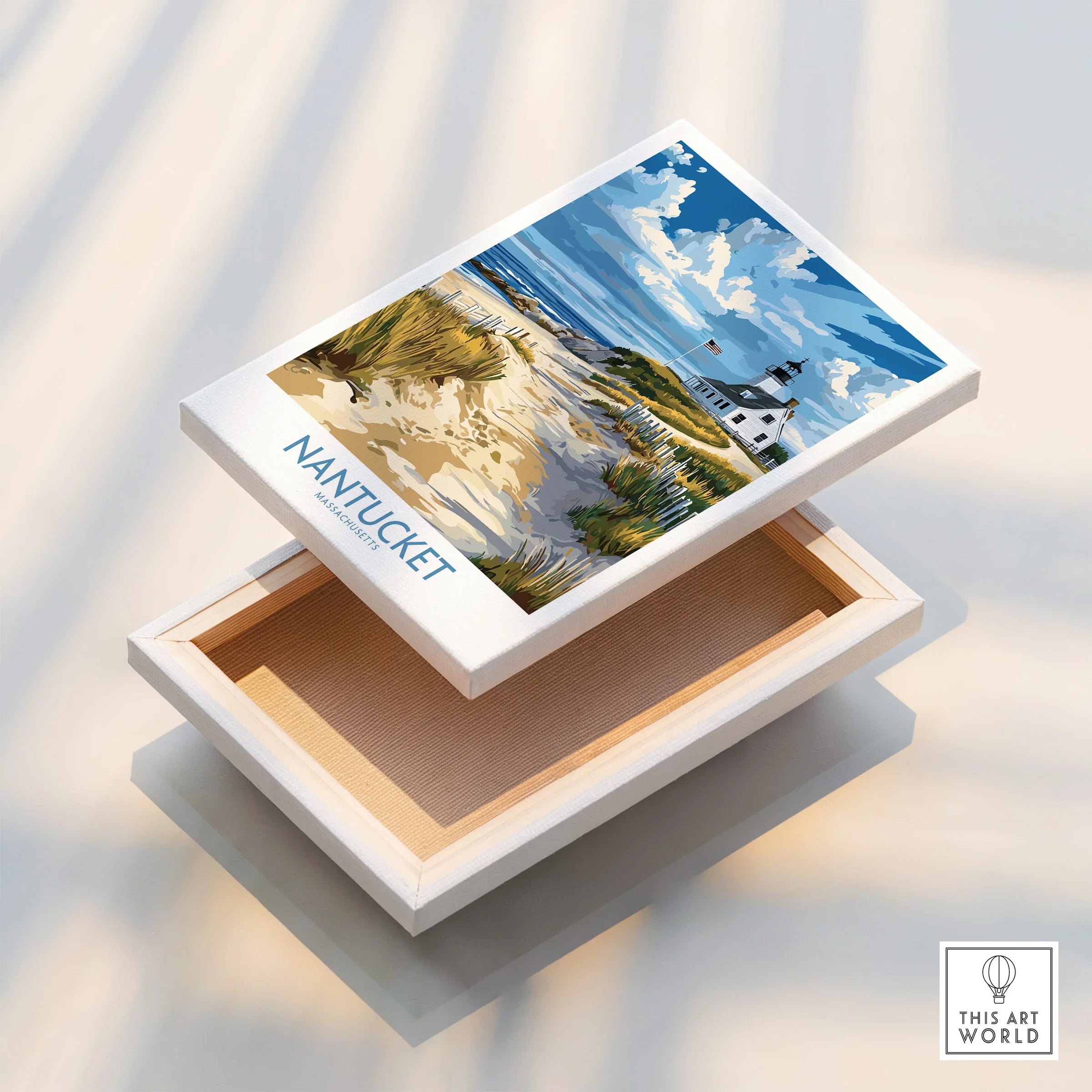 Nantucket Massachusetts travel poster canvas art with lighthouse beach scene, coastal wall decor