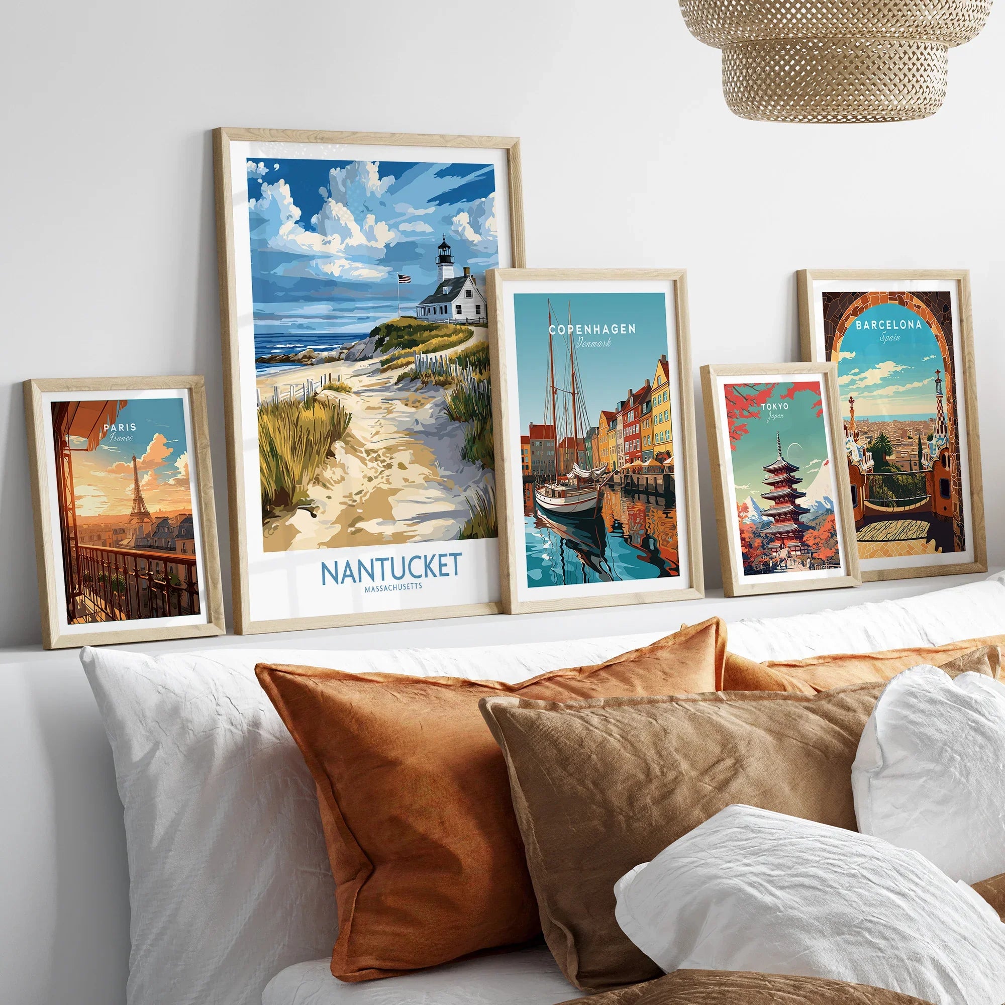 Travel posters of Paris, Nantucket, Copenhagen, Tokyo, Barcelona for home wall art decor