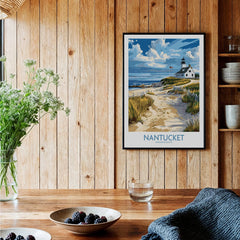 Nantucket Massachusetts travel poster with lighthouse, beach path, and coastal scenery for home wall art