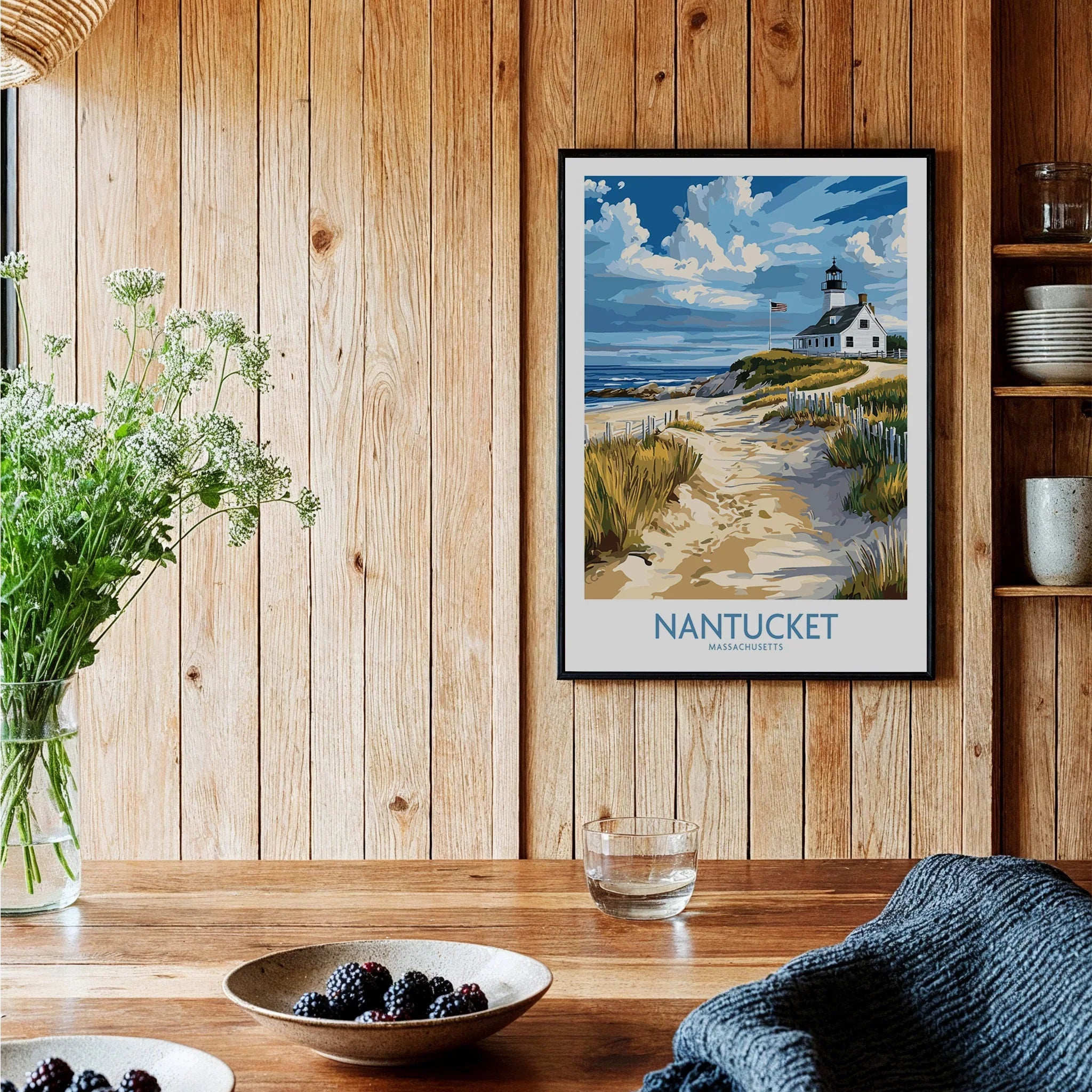 Nantucket Massachusetts travel poster with lighthouse, beach path, and coastal scenery for home wall art