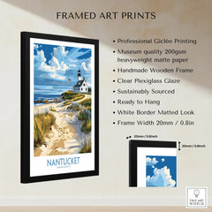 Nantucket Massachusetts travel poster print with lighthouse, sandy path, and blue sky in black frame