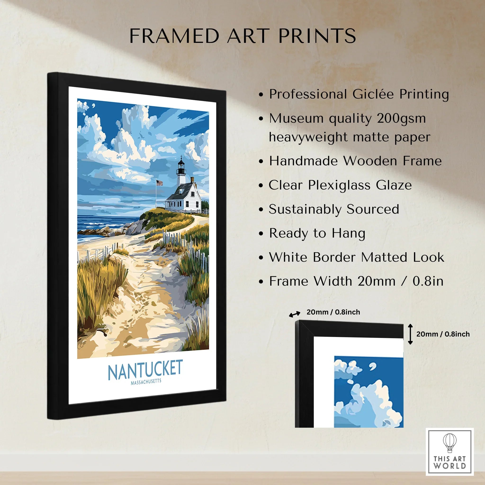 Nantucket Massachusetts travel poster print with lighthouse, sandy path, and blue sky in black frame