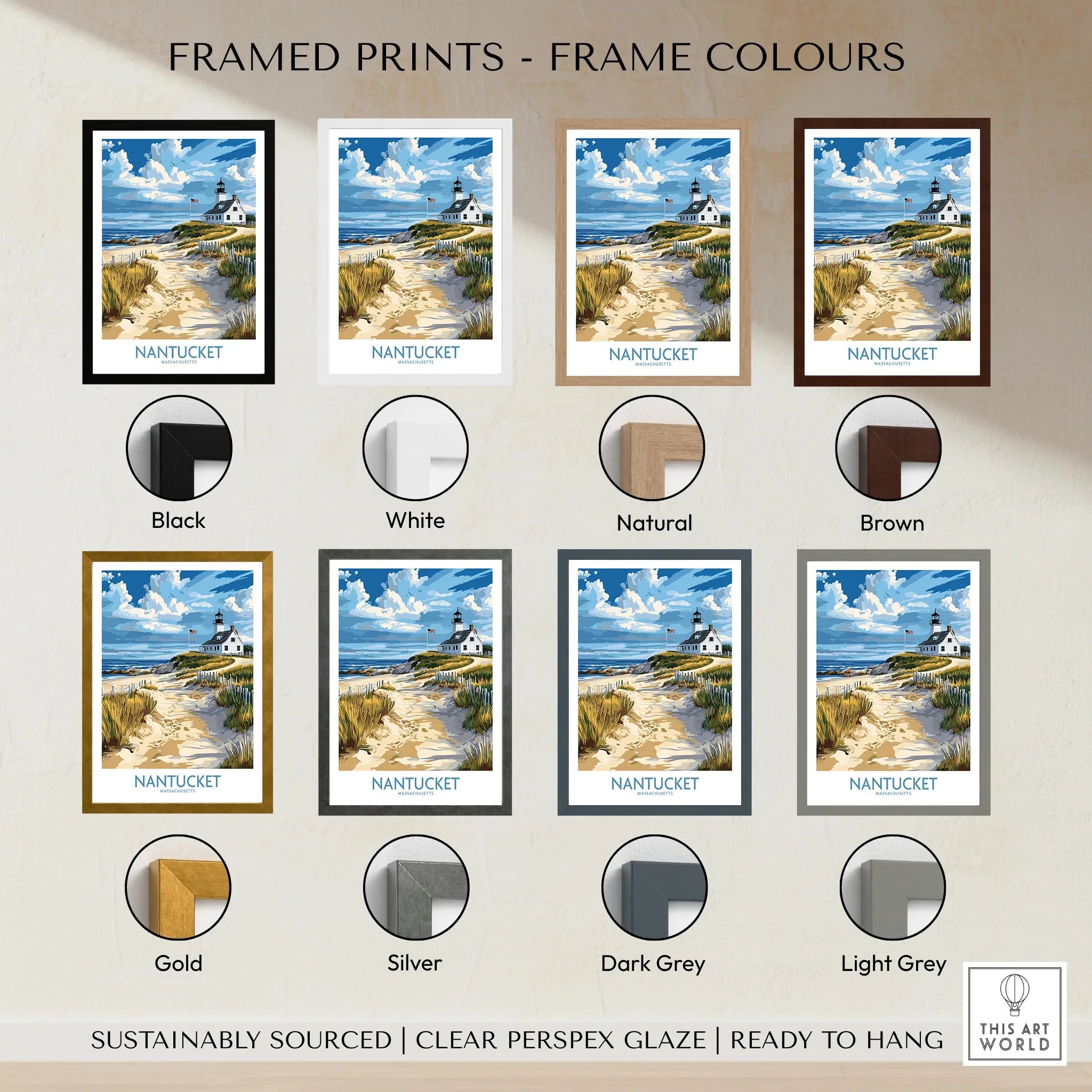 Nantucket lighthouse travel poster in 8 frame colors, ready to hang wall art for home decor