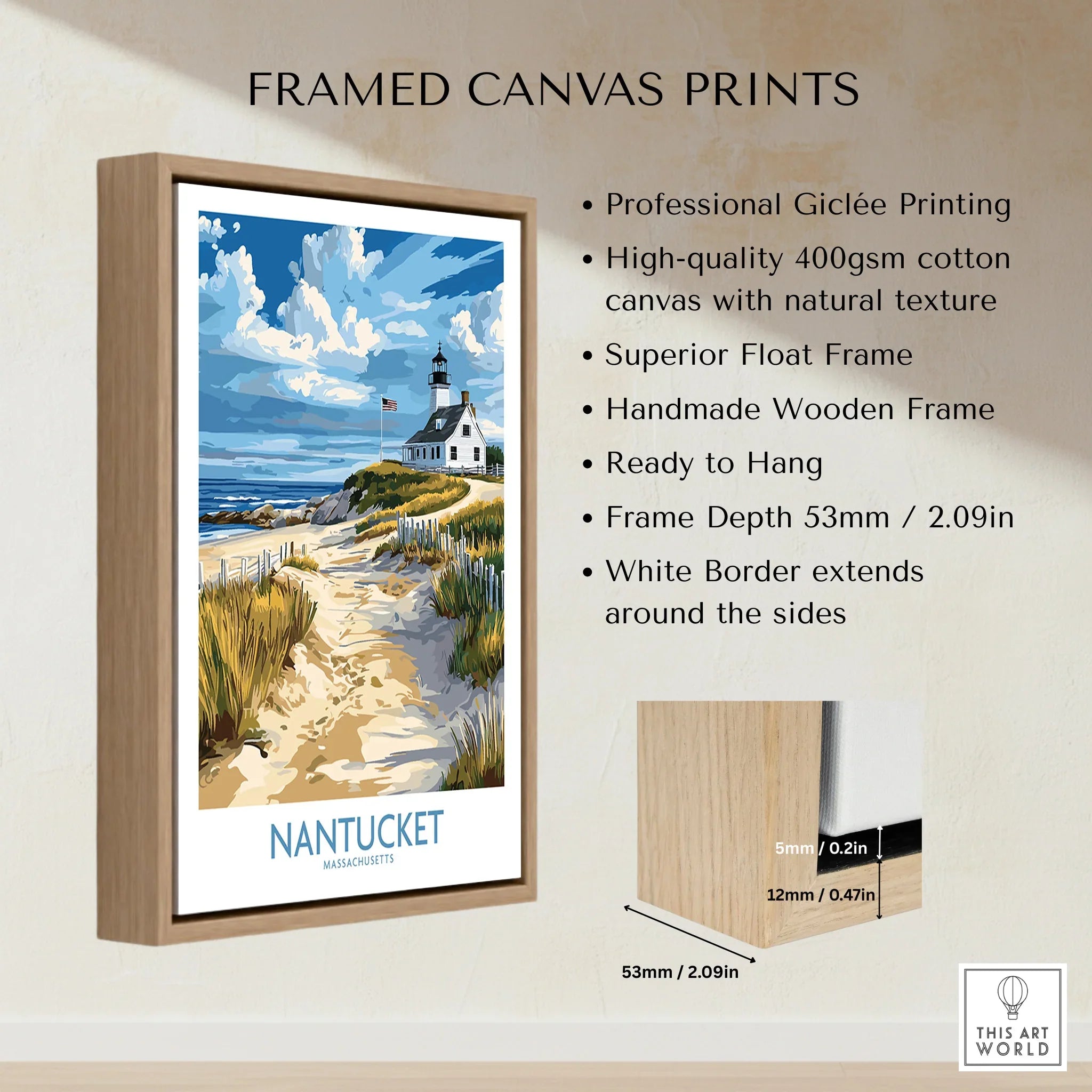 Framed Nantucket travel poster with lighthouse, beach path, and coastal scenery for home wall art decor