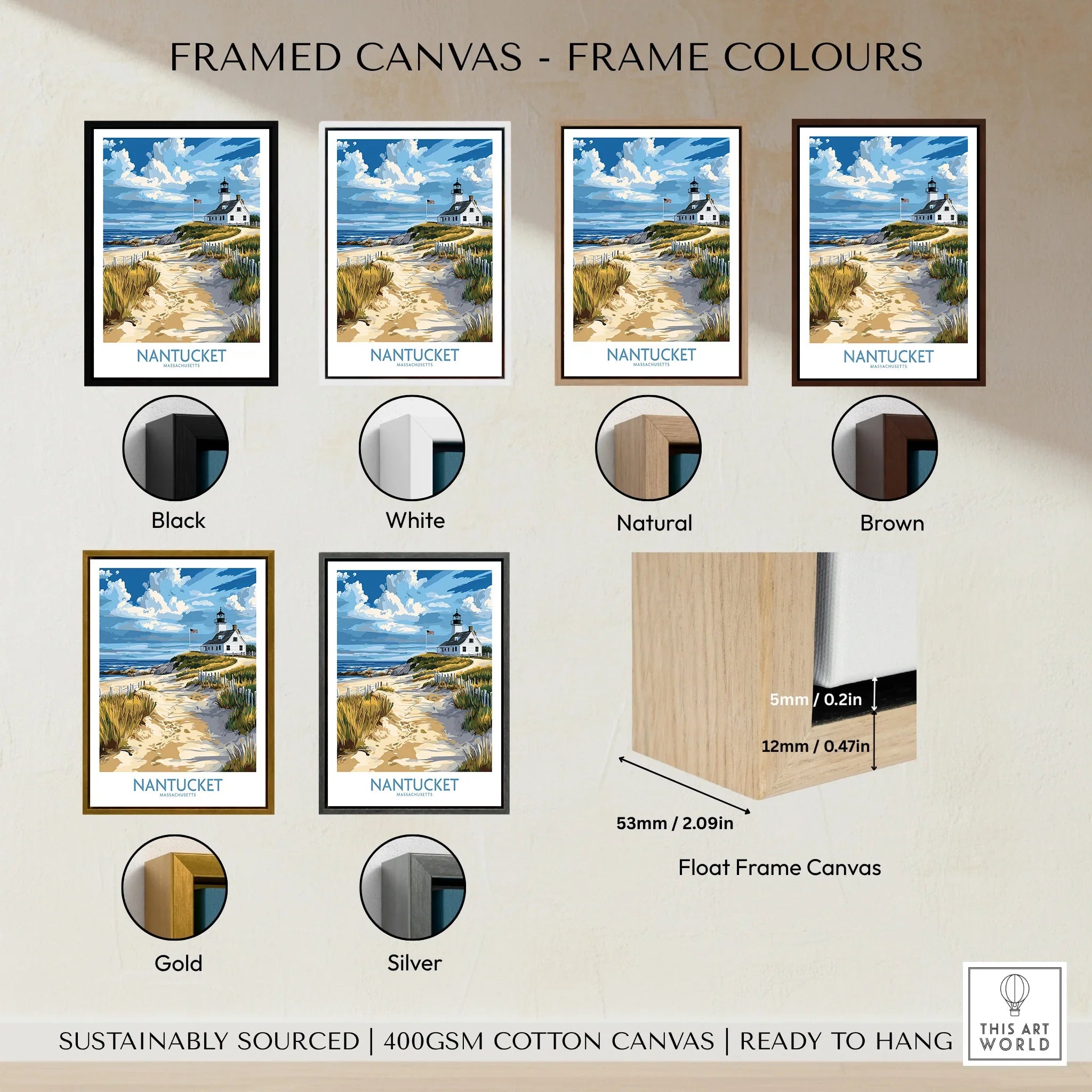 Nantucket lighthouse wall art in black, white, natural, brown, gold, silver frames — float frame canvas, ready to hang