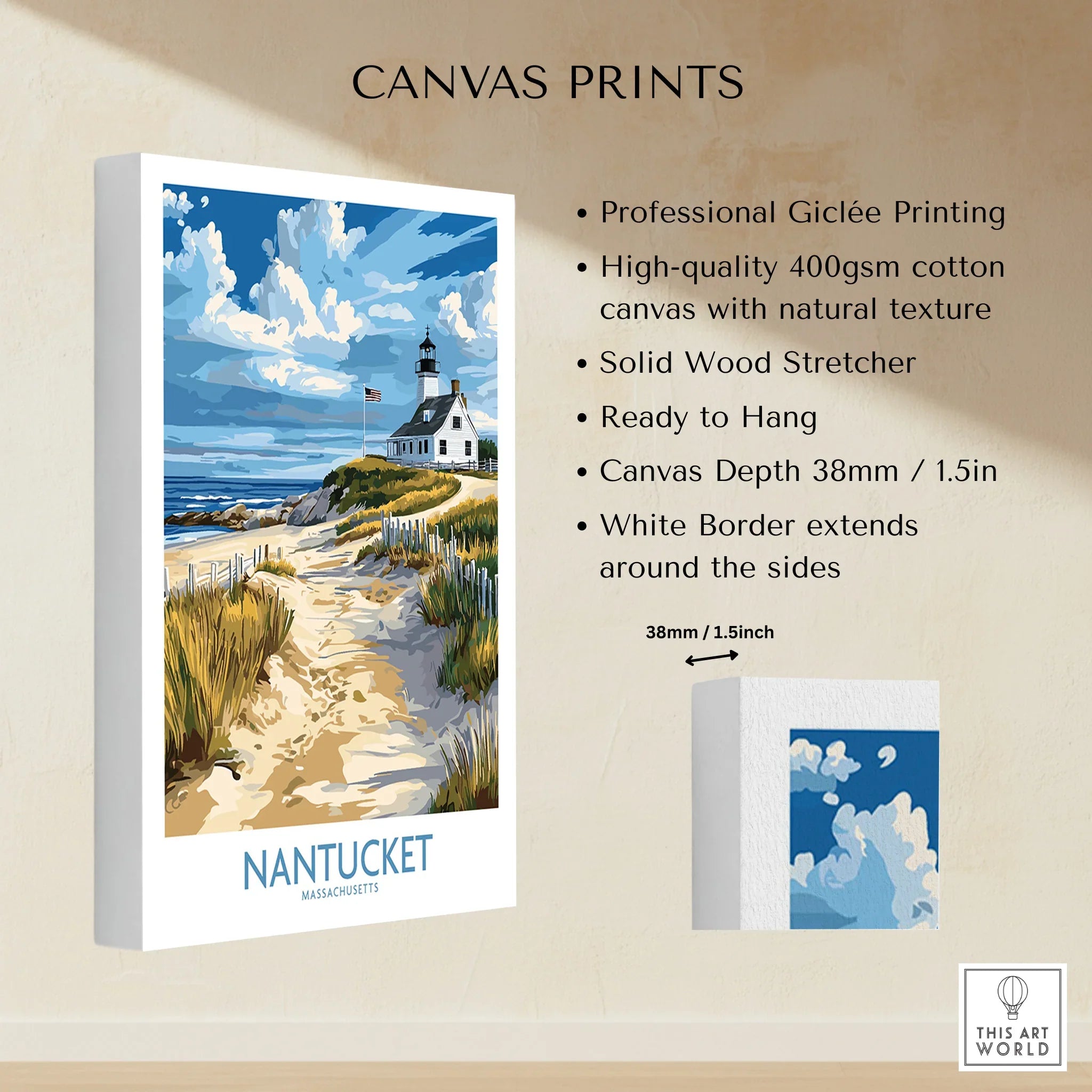 Nantucket Massachusetts travel poster canvas print with lighthouse, beach path, and blue sky for wall art decor
