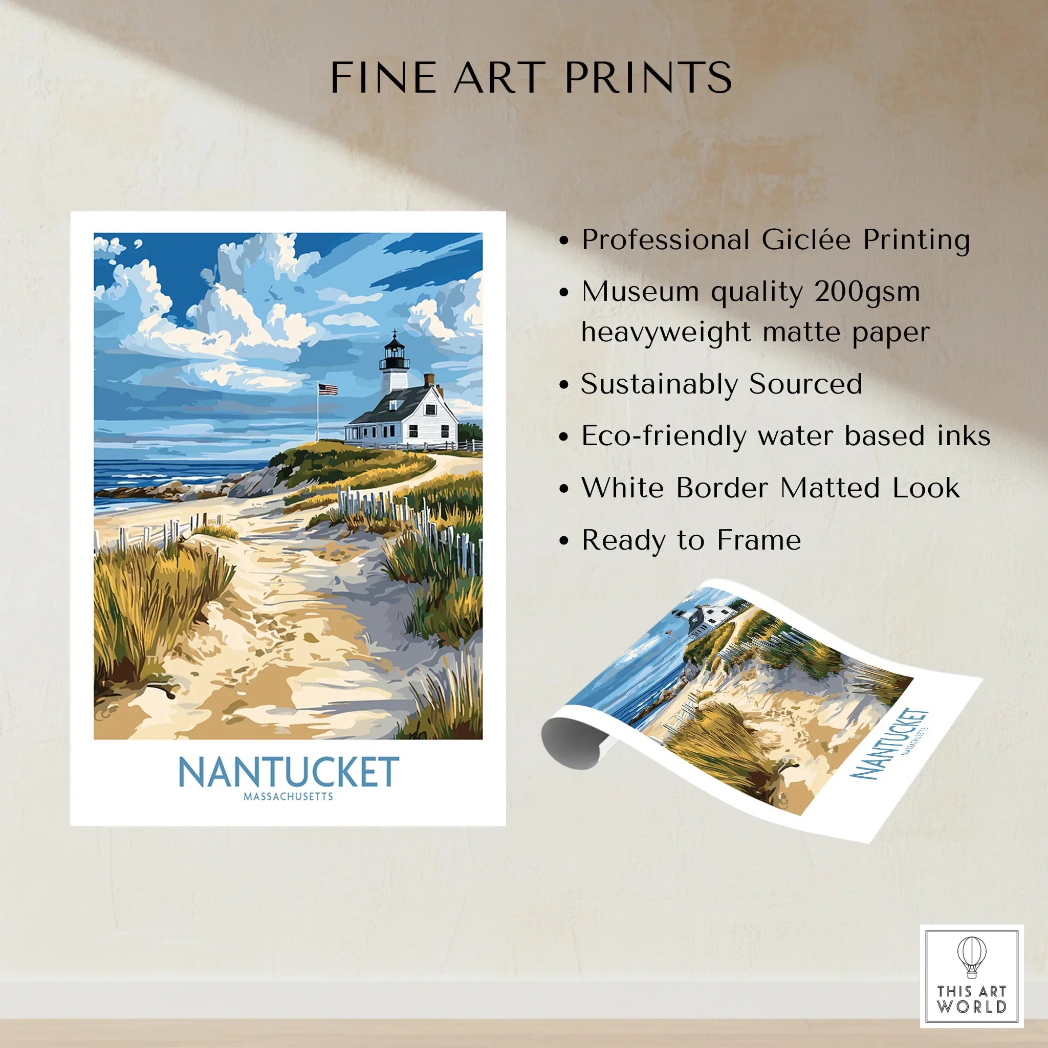 Nantucket lighthouse beach art print, coastal wall decor with sandy path and blue sky, ready to frame