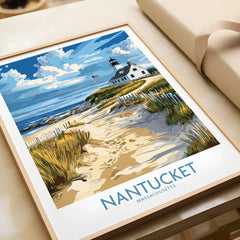 Framed Nantucket travel poster with lighthouse, beach, and ocean view for coastal wall art decor