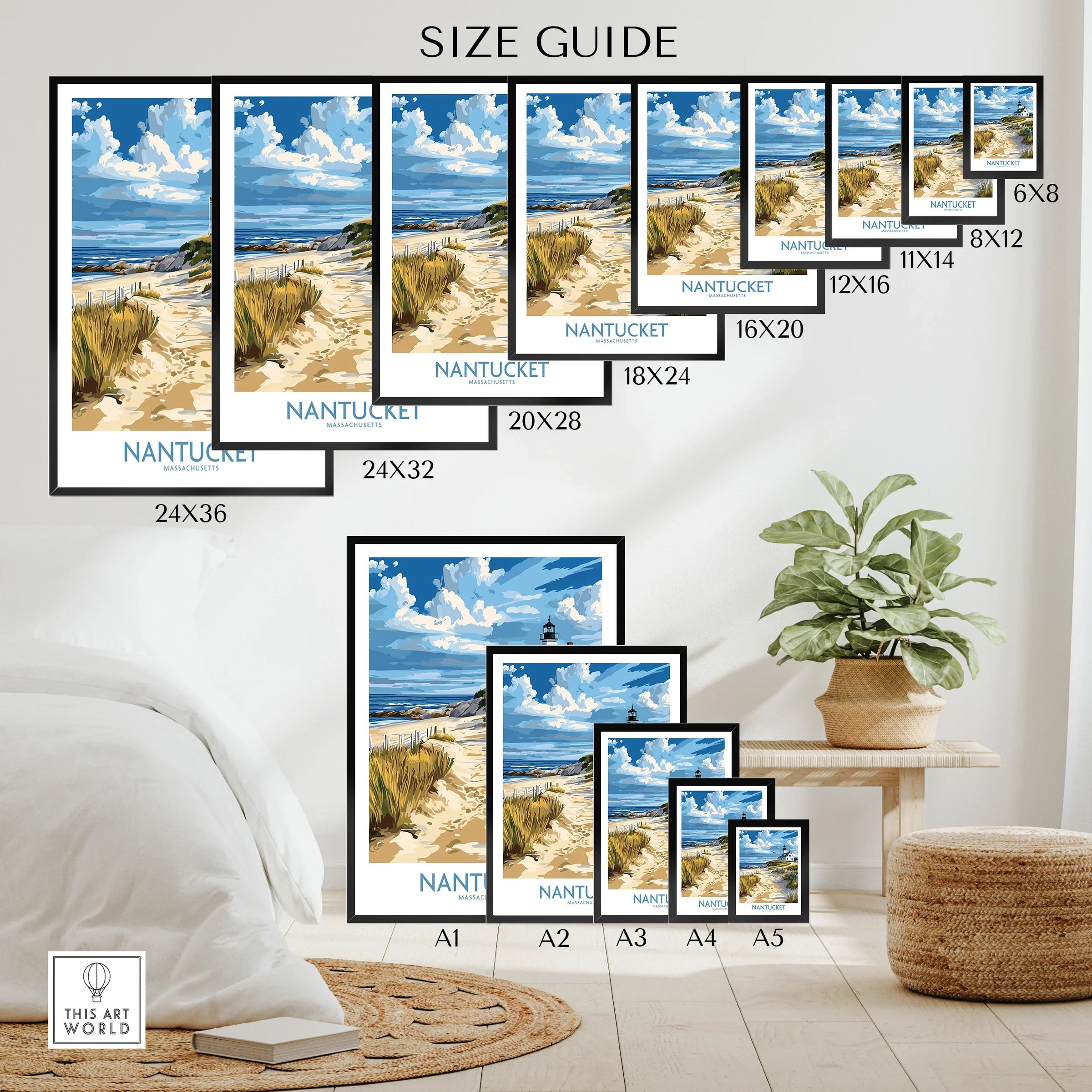 Nantucket beach travel poster size guide, coastal wall art for home decor in multiple frame sizes