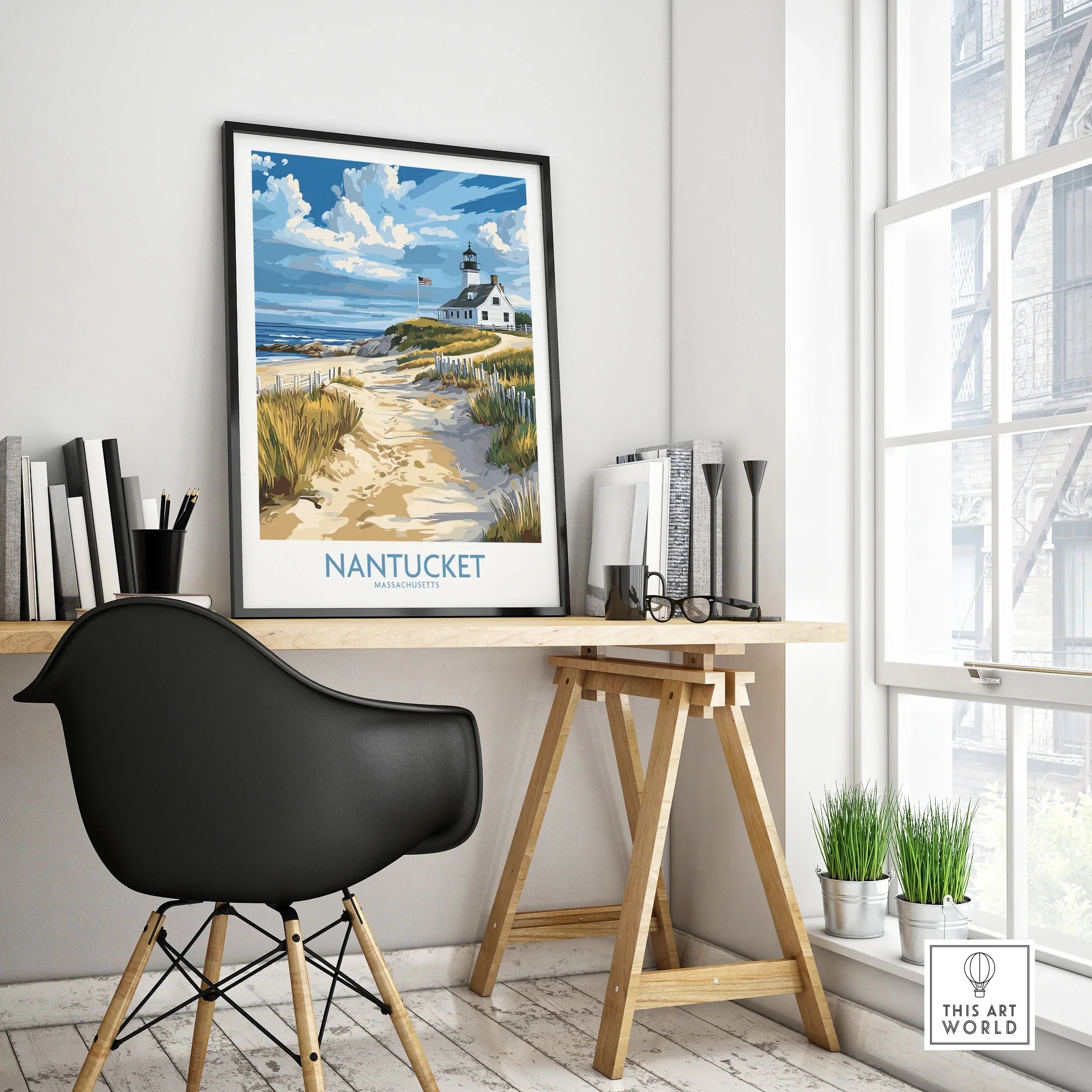 Nantucket Massachusetts travel poster with lighthouse, beach path, and coastal scenery for home decor