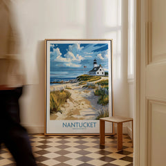 Nantucket Massachusetts travel poster with lighthouse, beach path, and coastal scenery for home wall art decor